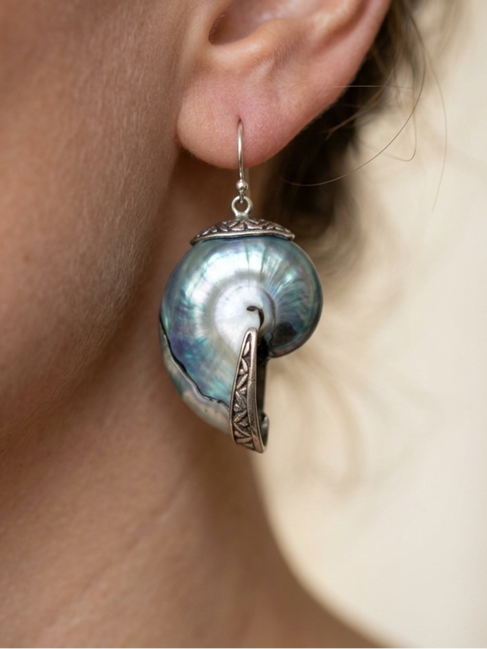 Samuel B Behnam 925 Sterling Silver Iridescent Blue Nautilus Shell Drop Earrings